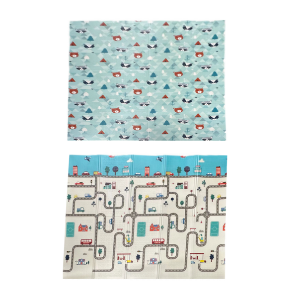 DVOJITÁ VZDELANECKÁ PODLOŽKA 180x200x1 CM SKLADACIA MODRÁ-AUTÁ + TAŠKA *4343