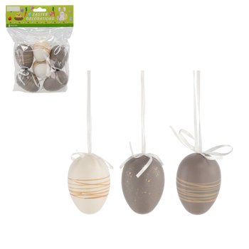 SET DE 6 OUĂL ÎN STIL DE PAȘTE 4 x 6 CM CU SUSPENSIE GRI-AURIU *8005