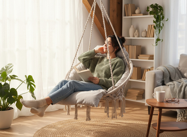 FOTEL WISZĄCY - BOCIANIE GNIAZDO Z PODUSZKĄ 80 x 60 x 120 CM BEŻOWY/SZARY