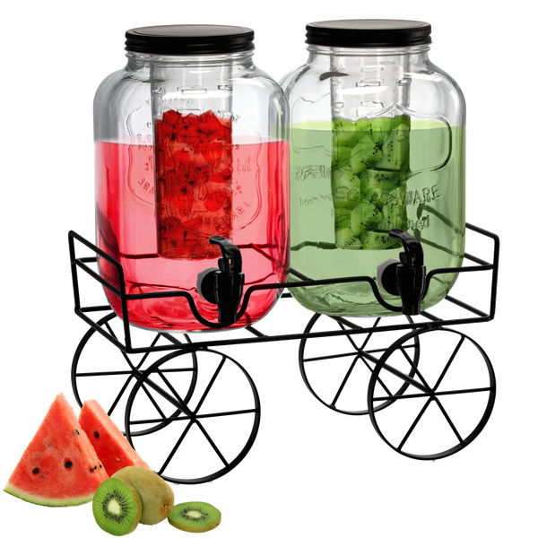 SET OF 2 JARS 4 L WITH METAL LID, TAP, AND FRUIT/ICE CONTAINER, ON STAND