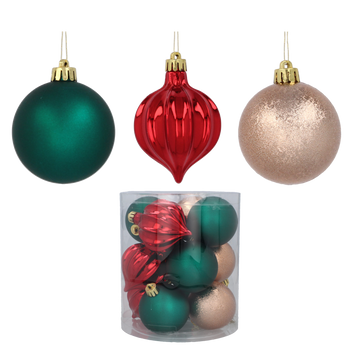 SET OF 12 BAUBLES 6 CM RED/GOLD/GREEN