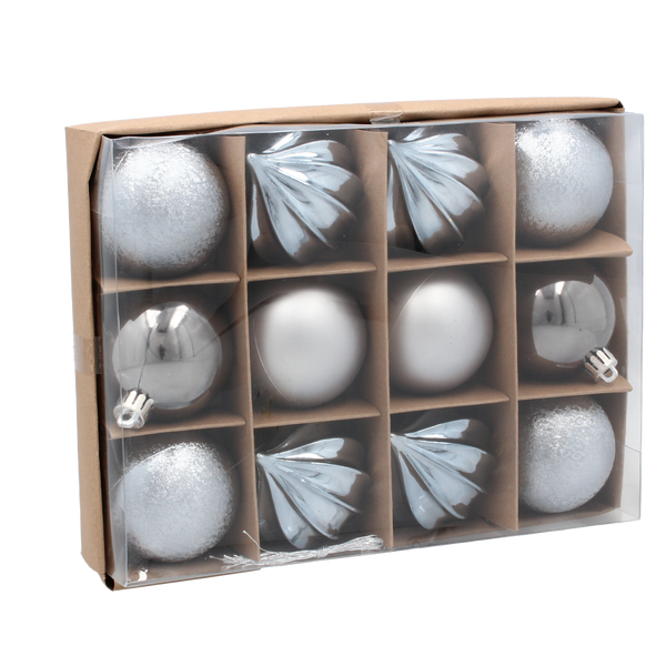 SET OF 12 BAUBLES 6 CM OLIVE/COPPER/GRAPHITE MIX DESIGNS