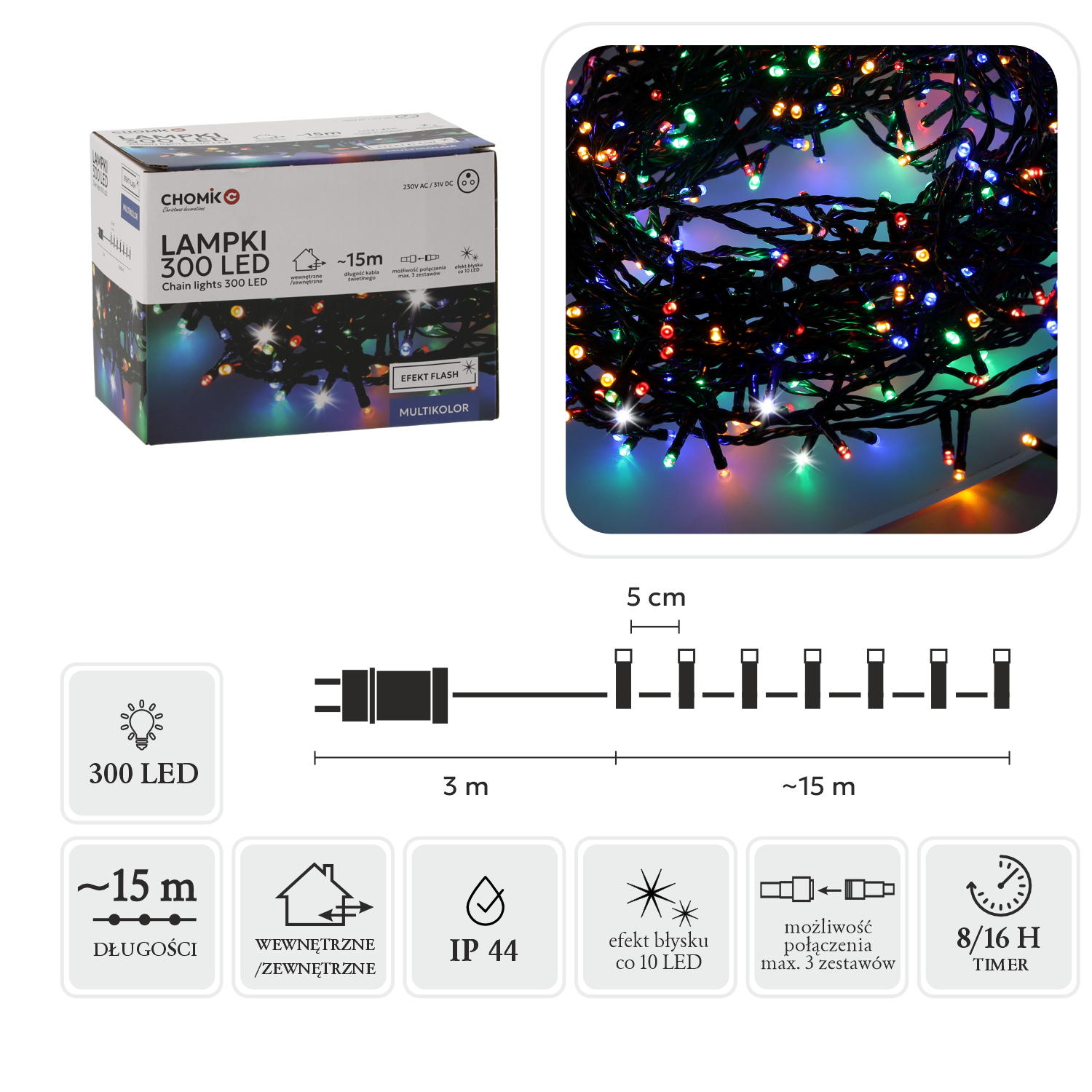 LAMPKI LED 300L MULTIKOLOR + ZIMNY FLASH, DŁ. 3 + 15 M WEWN/ZEWN *9553