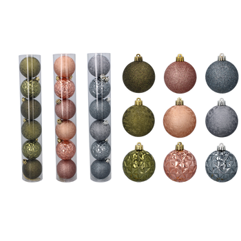 SET OF 6 BAUBLES 6 CM OLIVE/COPPER/GRAPHITE MIX DESIGNS