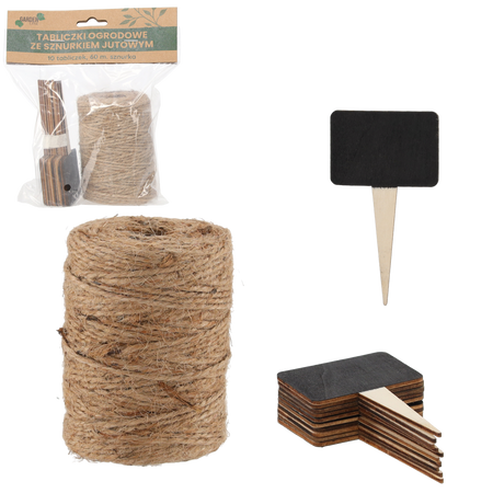 KIT. SFOARĂ DE JUT 60 M + 10 BUC. PLĂCUȚE PENTRU GRĂDINĂ 10 x 6 CM *4526