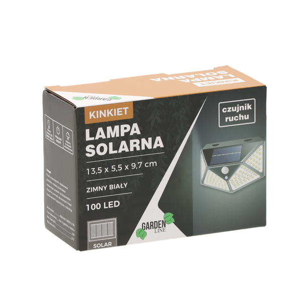 SOLÁRNÍ SVÍTIDLO 13,5 x 5,5 x 9,7 CM NÁSTĚNNÉ S DETEKTOREM POHYBU 100 LED STUDENÁ BÍLÁ *6124