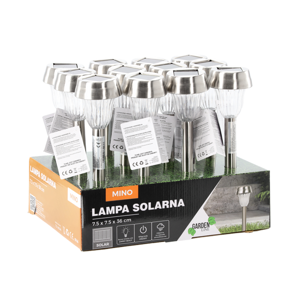 SOLÁRNA LAMPA MINO 7,5 x 7,5 x 36 CM STRIEBORNÁ ZIMNÁ BIELA disp=12ks *4276