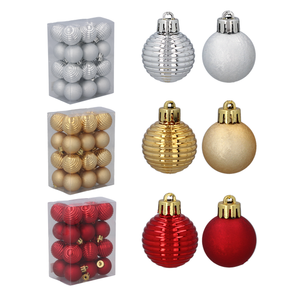 SET OF 24 BAUBLES 3 CM RED/GOLD/SILVER