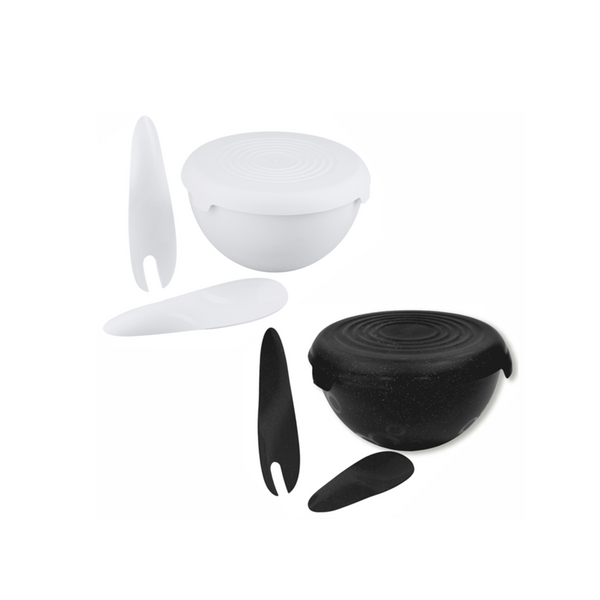 BOWL WITH LID 3L+SET OF SALAD SPOONS WHITE/BLACK9776