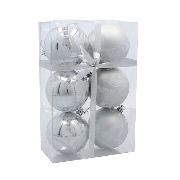 SET OF 6 CHRISTMAS BAUBLES SILVER 8 CM