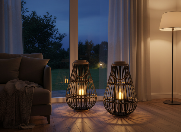 LAMPION DREWNIANY 32 x 57 CM Z WKŁADEM SZKLANYM - CZARNY