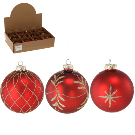 GLASS ORNAMENT - MATTE RED MIXED PATTERNS 8 CM