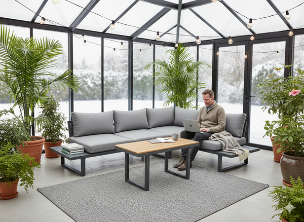 ZESTAW MEBLI ALUMINIOWYCH "BOGOTA" (SOFA NAROŻNA + STOLIK) SZARY + SZARE PODUSZKI 