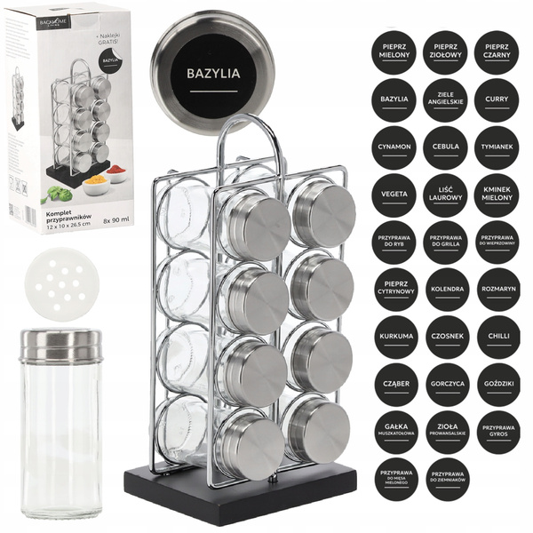 PRZYPRAWNIK PROSTOKĄTNY 12 x 10 x 26,5 CM Z RĄCZKĄ 8 SŁOICZKÓW SREBRNO-CZARNY *9189