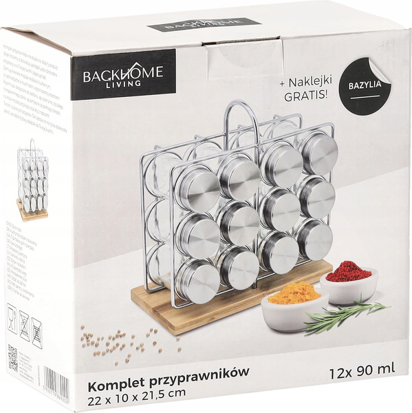 PRZYPRAWNIK PROSTOKĄTNY 22 x 10 x 21,5 CM Z RĄCZKĄ 12 SŁOICZKÓW BAMBUSOWO-SREBRNY *9202