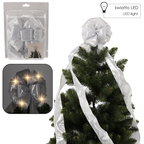 TREE TOPPER BOW WITH LED SILVER 1,83 M