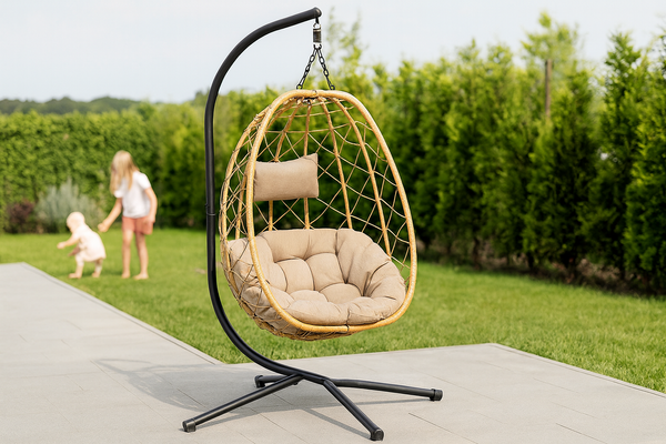 FOTEL WISZĄCY SKŁADANY BEŻOWY, PODUSZKA - BEŻOWA, RAMA - CZARNA *9100