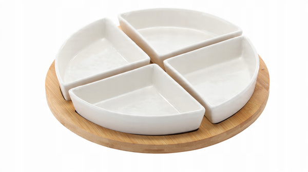 SADA NA SERVÍROVANIE PREDĹH - 4 PORCELÁNOVÉ MISY S KULATÝM BAMBUSOVÝM PODNOSOM 30x4CM *7286