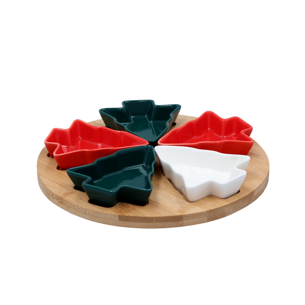 SET FOR SERVING APPETIZERS - 5 TREE-SHAPED BOWLS WITH BAMBOO BOARD