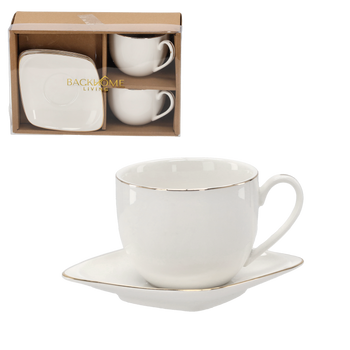 SET. 2 CĂNI CU FARFURIE DE 250 ML CU BANDĂ DECORATIVĂ AURIE *4214