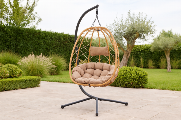 FOTEL WISZĄCY SKŁADANY BEŻOWY, PODUSZKA - BEŻOWA, RAMA - CZARNA *9100