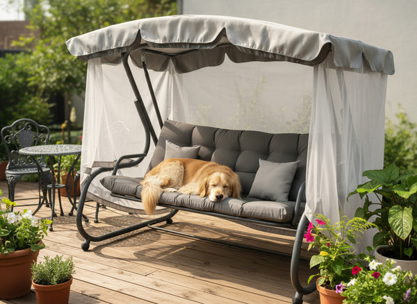 HUŚTAWKA OGRODOWA Z MOSKITIERĄ 220 x 130 x 175 CM SZARA Z FUNKCJĄ LEŻANKI 