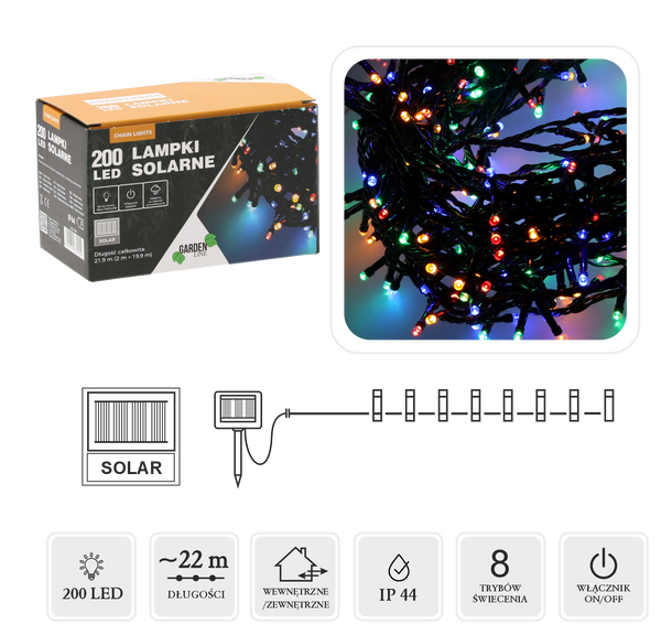 LAMPKI LED SOLARNE 200L MULTIKOLOR, DŁ. 2 + 20 M *9959