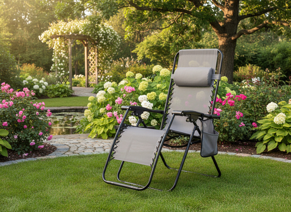 LEŻAK OGRODOWY SKŁADANY Z PODSTAWKĄ, KIESZONKĄ I ZAGŁÓWKIEM SZARY