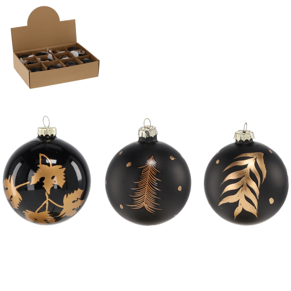 GLASS BAUBLE 8 CM BLACK DECORATED MIX DESIGNS