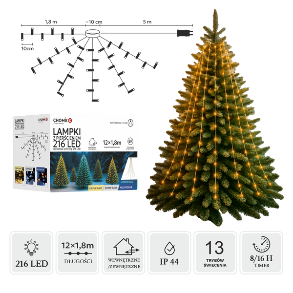 LED SVÍTILKY S KRUHEM 1,8 M 216L TEPLÝ BÍLÝ VNITŘNÍ/ VNĚJŠÍ *8042