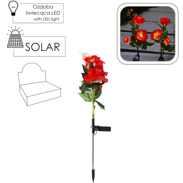 SOLAR LAMP H 70 CM ROSE 3 LED COLD WHITE DISPLAY=12PCS