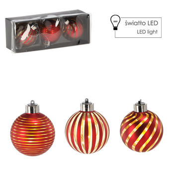 SADA 3 SKLENĚNÝCH OZDOB - ČERVENÉ 8 CM LED *4358