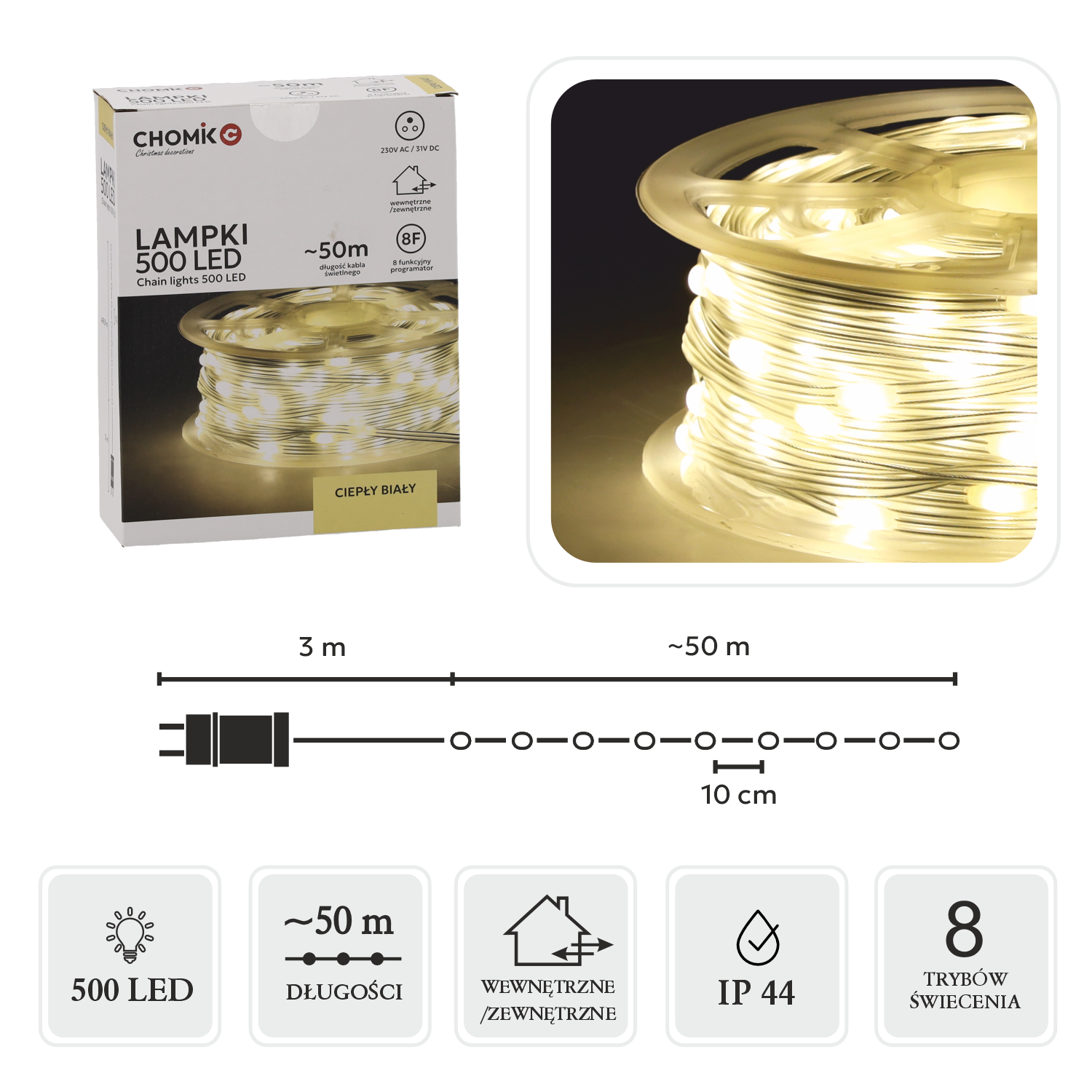 LAMPKI LED MICRO NA SZPULI 500L CIEPŁY BIAŁY, DŁ. 3 + 50 M *0115
