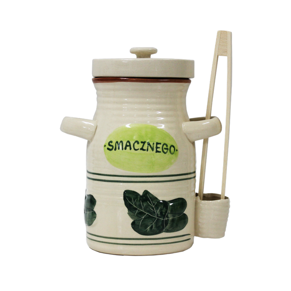 CERAMIC PICKLE JAR 3,5 L WITH TONGS WHITE