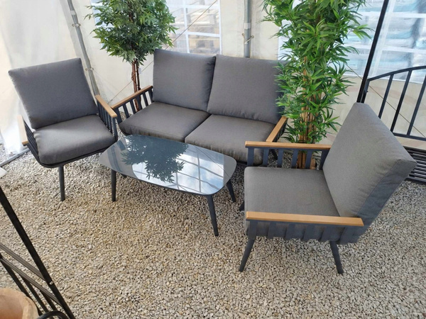 ZESTAW MEBLI ALUMINIOWYCH ( SOFA + 2 FOTELE + STOLIK ) SZARY + SZARE PODUSZKI *8151