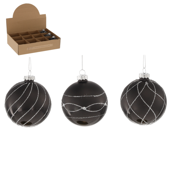 GLASS BAUBLE - BLACK MIX DESIGNS 8 CM
