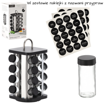 PRZYPRAWNIK KWADRATOWY 16,5 x 16,5 x 33,5 CM Z RĄCZKĄ 16 SŁOICZKÓW CZARNO-SREBRNY *9165