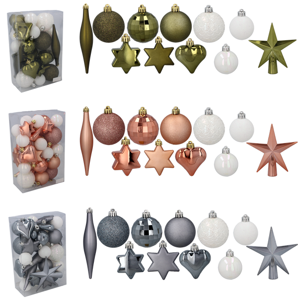 SET OF 35 BAUBLES OLIVE/COPPER/GRAPHITE MIX DESIGNS