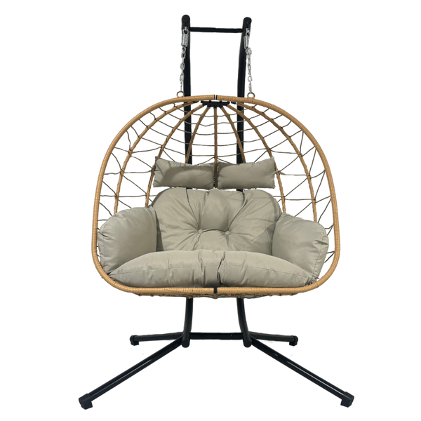 FOTEL WISZĄCY PODWÓJNY SKŁADANY LUVO BRĄZOWY, PODUSZKA - JASNY SZARY, RAMA - CZARNA