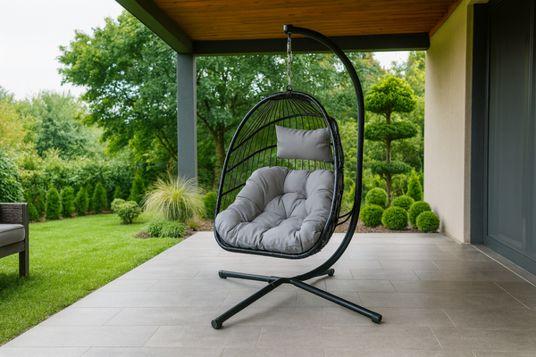 FOTEL WISZĄCY HAGE - SZARY, CIEMNO SZARA PODUSZKA, CZARNA RAMA *9972