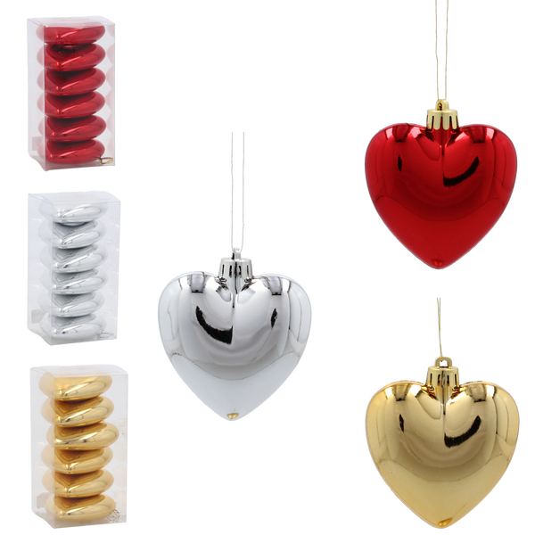 KPL. 6 HEART BOMBS 7 CM RED / GOLD / SILVER *3795