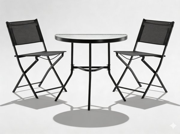 ZESTAW MEBLI BALKONOWYCH - STOLIK POŁÓWKA + 2 SKŁADANE KRZESŁA - CZARNY