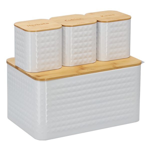 CHLEBAK SABIO - EMALIOWANY Z POKRYWĄ BAMBUSOWĄ 35 x 23 x 18,5 CM BIAŁY + 3 POJEMNIKI 11,5 X 11,5 X 12 CM *8848