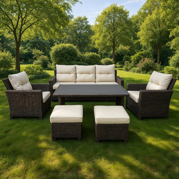 DUŻY ZESTAW MEBLI OGRODOWYCH (SOFA, 2 FOTELE, 2 PUFY, STOLIK) - BRĄZOWY, PODUSZKI - BEŻOWY