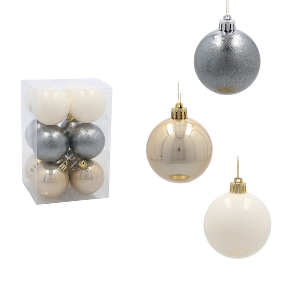 SET OF 12 BAUBLES 6 CM CHAMPAGNE/GRAY/WHITE