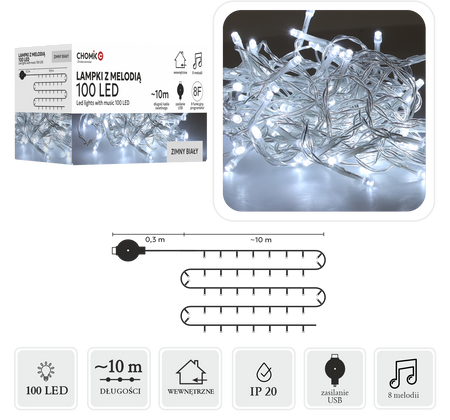 LAMPKI LED Z MELODIĄ USB 100L ZIMNY BIAŁY, DŁ. 0,3 + 10 M *8509