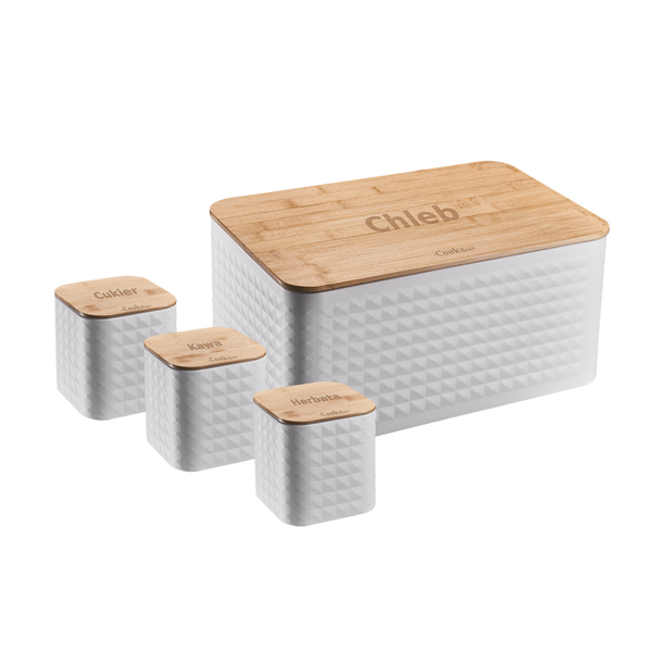 CHLEBAK SABIO - EMALIOWANY Z POKRYWĄ BAMBUSOWĄ 35 x 23 x 18,5 CM BIAŁY + 3 POJEMNIKI 11,5 X 11,5 X 12 CM *8848