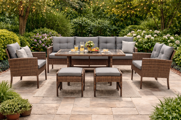 ZESTAW MEBLI RATTANOWYCH "VADUZ" (SOFA + 2 FOTELE + 2 PUFY + STÓŁ) BRĄZOWY + SZARE PODUSZKI