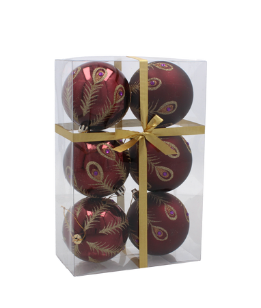 SET OF 6 CHRISTMAS BAUBLES DARK RED 8 CM