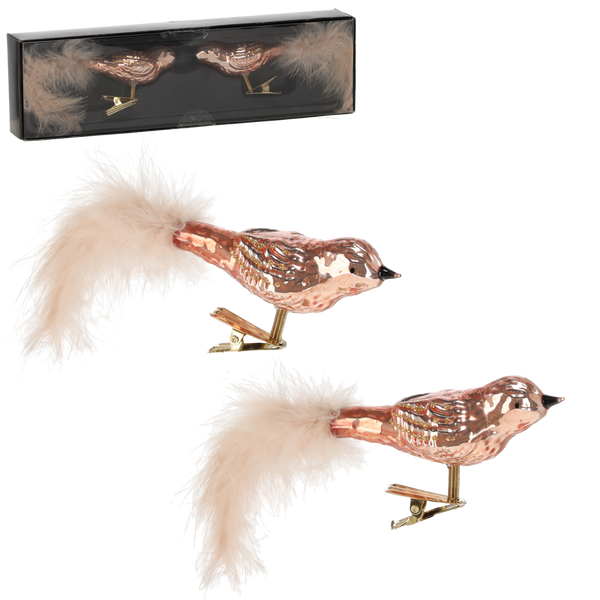 SET OF 2 GLASS CHRISTMAS TREE DECORATIONS - BIRDS ON CLIPS